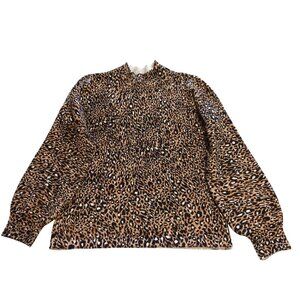 Karl Lagerfeld Leopard Print Mock Neck Sweater Medium Fuzzy